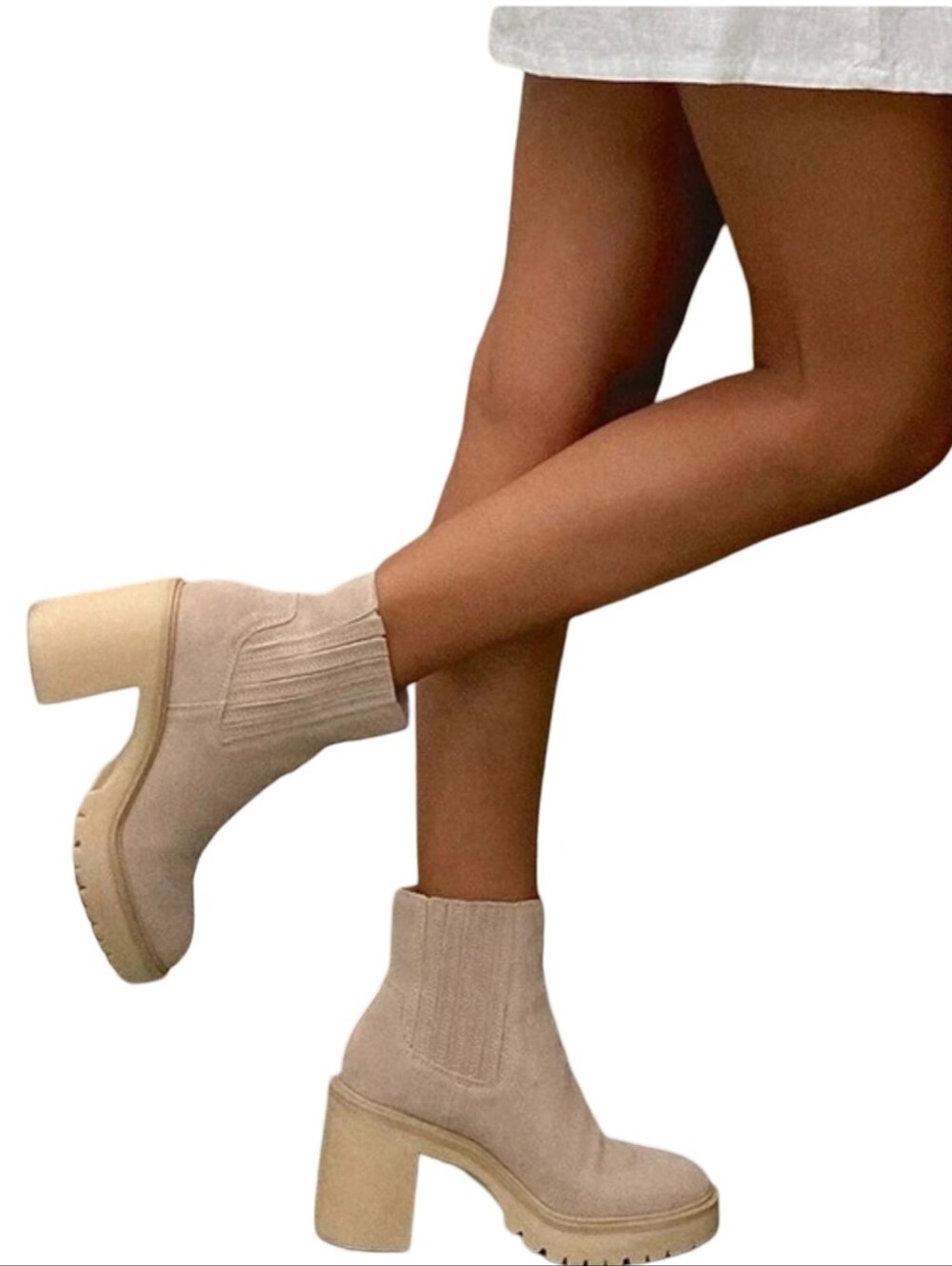 Cream Faux Leather Platform Lug Sole Heeled Boots NEW